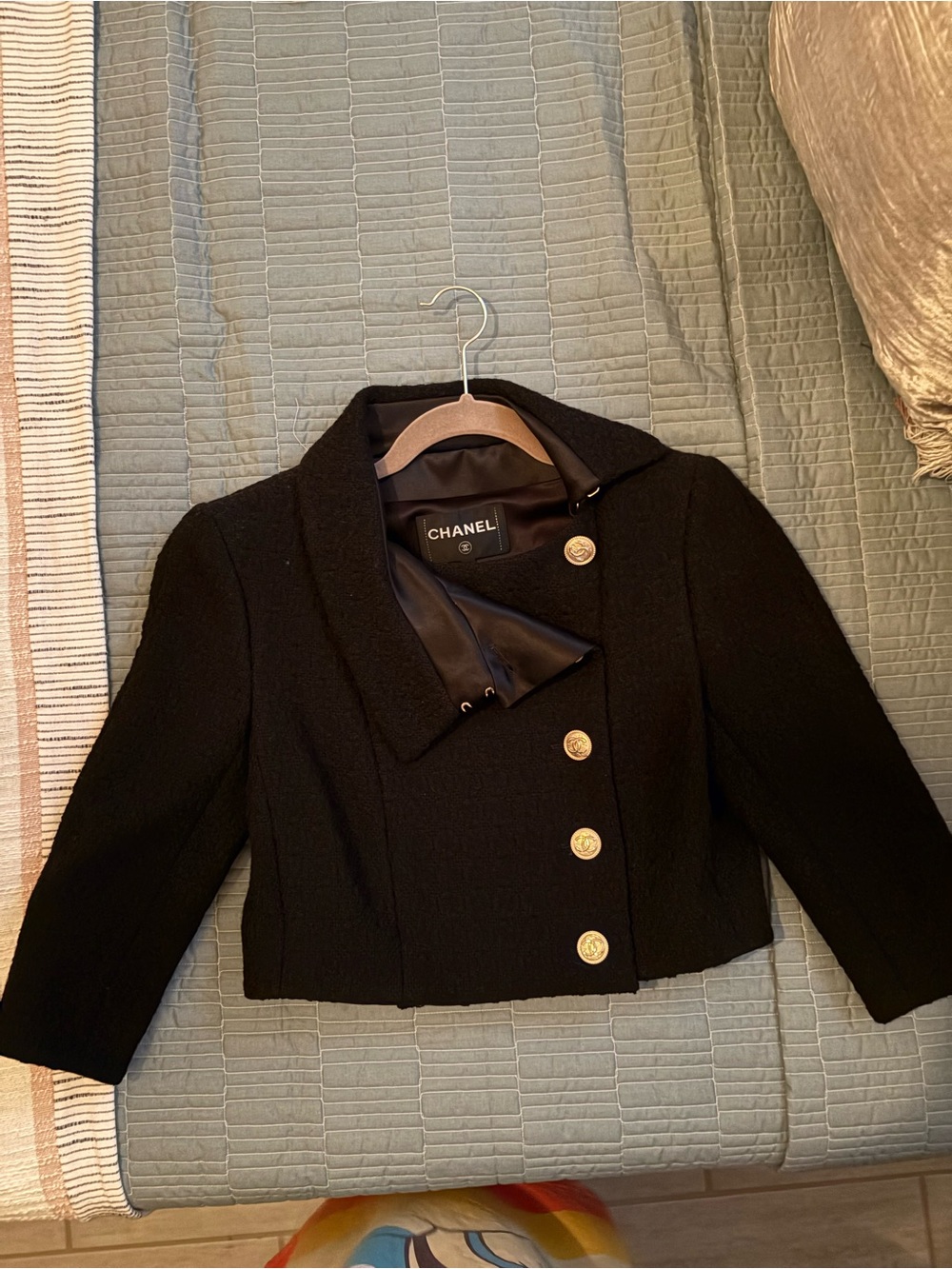 CHANEL Black Cropped Jacket with Gold Medallion Buttons